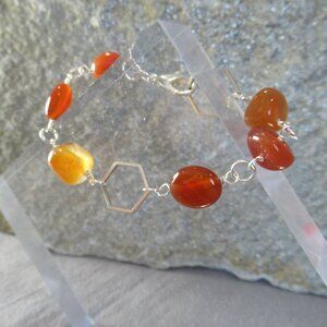 Silver Carnelian Bracelet, Geometric Hexagon Chain